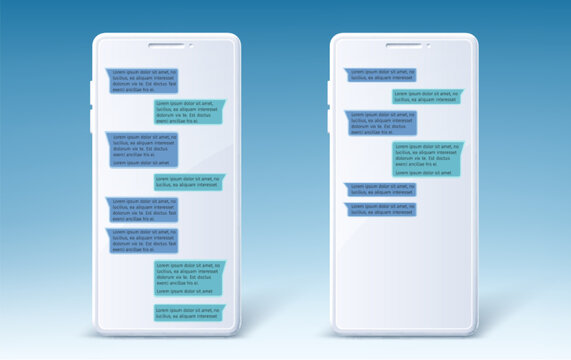 Smartphone mockup with modern chat interface. Vector realistic illustration of messaging conversation on mobile phone screen, text bubbles and sleek dialog box design for online communication apps