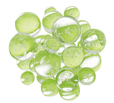 Bio cosmetic lab 3d background with transparent green liquid bubbles render. Herb cleansing oil drops, matcha tea serum, avocado shampoo, aloe vera gel cream, beauty skincare product