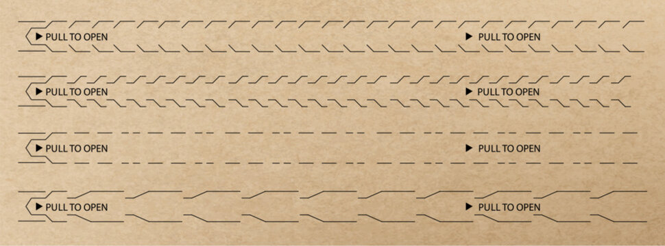 Perforated tear strip on craft paper package. Vector realistic illustration of dotted line guide for easy envelope opening, set of cardboard box seals with pull tab design, carton zipper collection