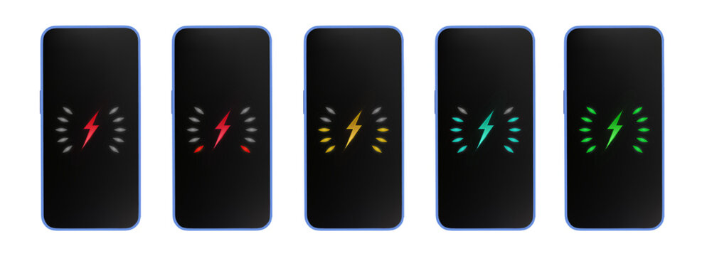 Smartphone battery status set with charge indicators. Mobile phone screens display power levels, circle loading bars and complete energy symbols for device interface. Isolated realistic design