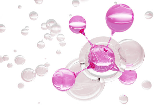 Pink molecule floating in rose water with clear liquid bubbles. Cosmetic lab 3d background, science beauty skincare. PDRN peptide salmon DNA serum drops with glycerin, hyaluronic acid