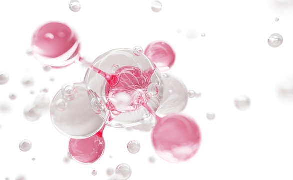 Pink 3D molecule in clear water with air bubbles. Collagen cell, liquid cosmetic skincare sphere. PDRN peptide serum drop with salmon DNA, gel cleanser. Beauty science lab background