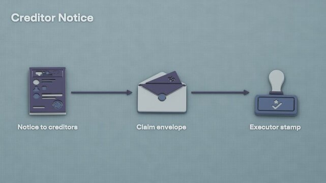 The executor inventories the estate, publishes notice to creditors, and sets aside a reserve for late claims before distribution. Flat 3D style; objects labelled in English.