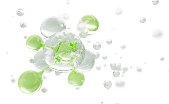 3D green molecule float in transparent liquid background with bubbles for pharmaceutical chemical research laboratory. Organic cosmetics, natural skin care formula, beauty science