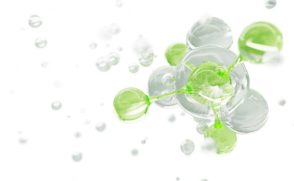 Bio cosmetic lab 3d background with green molecule, clear water bubbles in transparent liquid. Science, medical and pharmacy. Collagen peptide serum drops, natural skin care product