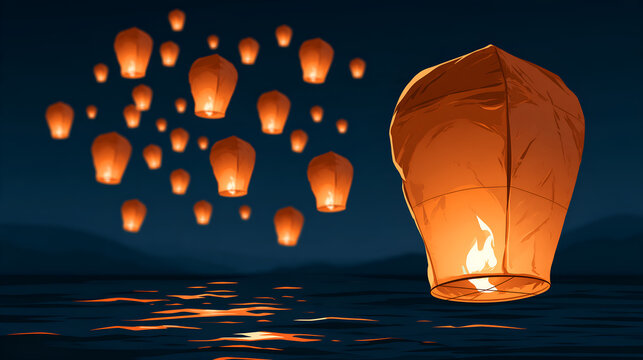 Paper sky lanterns rising in a column over a dark river