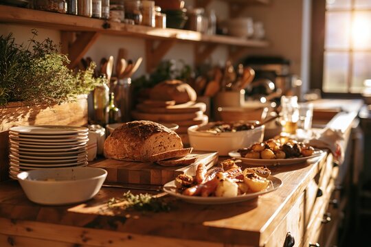 Warm sunlit kitchen counter prepared with rustic homemade bread and roasted vegetable dishes