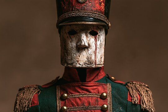 Creepy toy soldier costume with an aged uniform and a weathered mask for a spooky halloween look