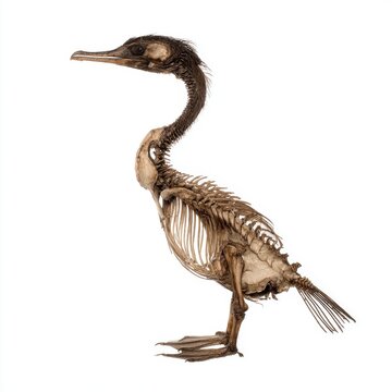 Complete Skeleton Of A Waterbird Standing On A White Background With Detailed Bone Structure Study