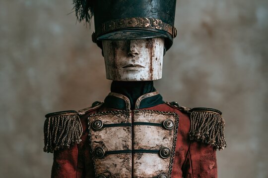 Creepy toy soldier costume with an aged uniform and an expressionless mask for Halloween events