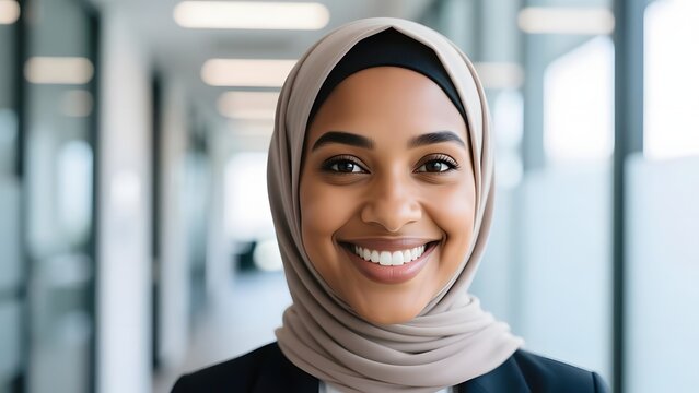 Smiling Muslim businesswoman in hijab. Professional portrait of a confident woman in office hall.