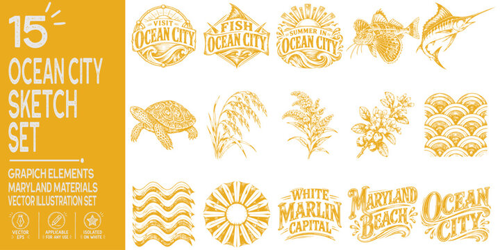 Ocean City Maryland Travel Graphic Elements, White Marlin Typography, Atlantic Beach Art Shapes, Coastal Botanicals, Marine Wildlife, Vintage Summer Badges, Poster and Flyer Design Assets