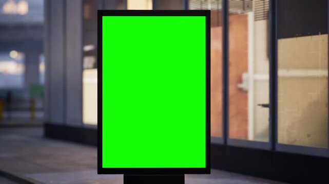 Empty chroma key advertising panel standing on a metropolitan street on a bright morning, overcast sky. Cars rush by in a timelapse while the green screen stays sharp and ready for your design. 4K