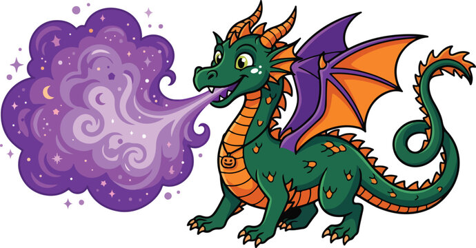Cute green dragon breathing magical purple smoke on a white background