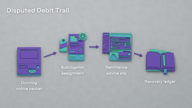 A disputed debit proceeds from dunning to subrogation assignment, with remittance advice and a recovery ledger documenting the handoff. Flat 3D style; objects labelled in English.
