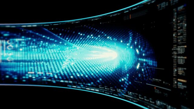 Abstract particle motion with vibrant colors, digital flowing particles, VR, futuristic sci-fi, tech innovation, and immersive cyber space background