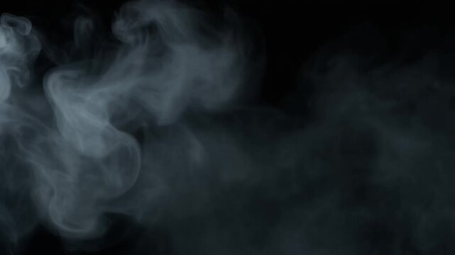 Wispy white smoke curling gracefully across a deep black background, creating an abstract and mysterious atmospheric effect for design projects