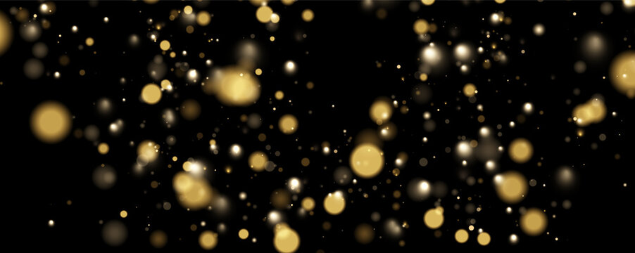 Numerous glowing golden orbs scattered over a dark backdrop. The soft lights vary in size and intensity, creating a warm and diffuse bokeh effect. This image is ideal for festive and.