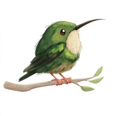 Fototapeta premium Cute Little Green Hummingbird Perched On A Tree Branch Against A White Background Digital Illustration