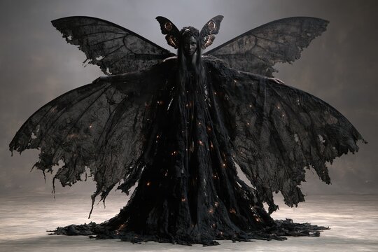 Dark fairy costume with torn wings and glowing lights for a mysterious Halloween fantasy portrait