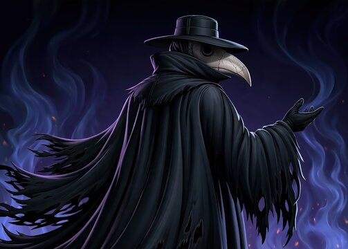 Dark gothic plague doctor character in a tattered black cloak standing in mysterious blue smoke