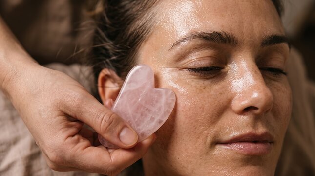 Esthetician performing facial gua sha massage using rose quartz scraper on woman face