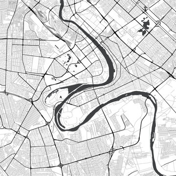 Minimal vector city map of Baghdad with streets, parks and Tigris River