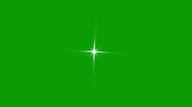 Single glowing sparkle star twinkle animation with glitter shine burst effect, white cartoon doodle blinking light star overlay in seamless 4K loop, flat vector shining effect transparent green screen