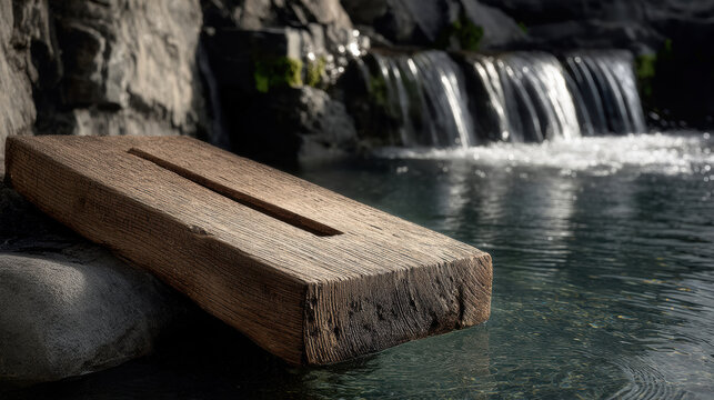Weathered oak weir board rests on stone beside tranquil waterfall, serene natural setting, rustic texture, peaceful mood