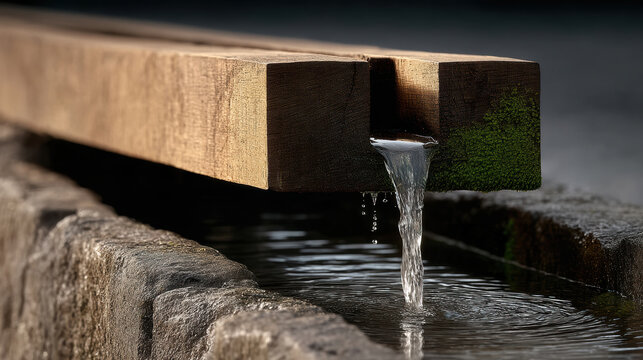 Weathered oak weir board with flowing water, rustic texture, moss, outdoor, tranquil, natural setting