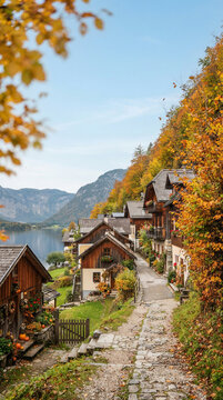 Village street with wooden houses near Hallstatt lake during autumn. Scenic mountain landscape in Austria with colorful foliage. Travel destination for vacation and tourism inspiration.