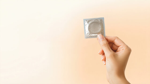 Hand holding a condom packet against a neutral background. Copy space suggests safe sex and pregnancy prevention. World Contraception Day education.