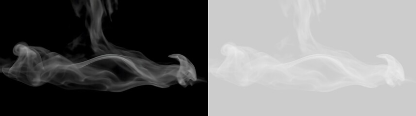 Obraz premium White smoke and steam cloud overlay isolated on black and transparent background. Realistic vapor fog effect for design and vfx