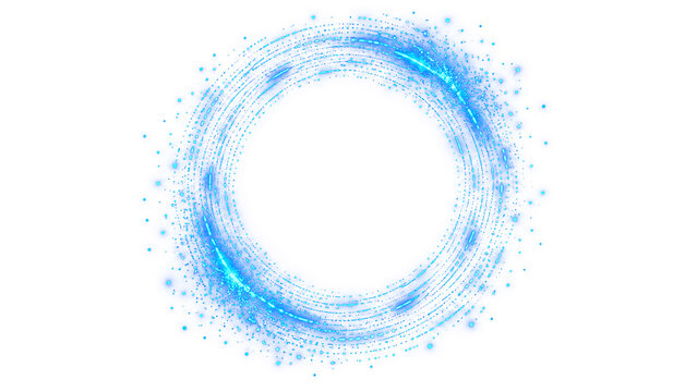 Glowing blue light swirl circle with sparkling particles on transparent background. Magic round energy vortex frame. Abstract luminous border