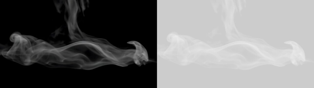 White smoke and steam cloud overlay isolated on black and transparent background. Realistic vapor fog effect for design and vfx