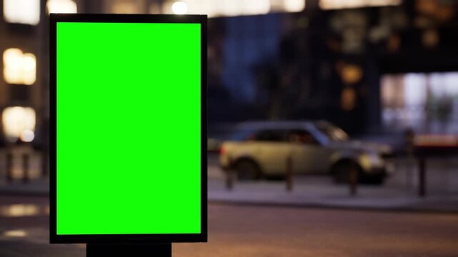 Outdoor advertising mockup: blank green screen board on a busy city street in the blue hour before sunrise, cloudy sky. Fast-moving traffic timelapse with cinematic depth of field. Easy chroma key