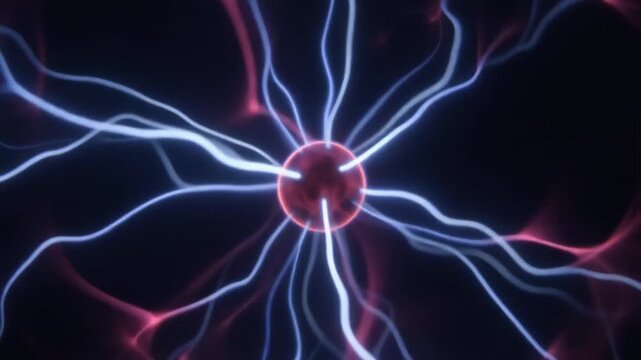 Plasma ball with glowing electric arcs and vibrant streams of colored light emitting from the glowing core