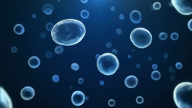 Microscopic view of living cells dividing and multiplying in a dark blue biological environment
