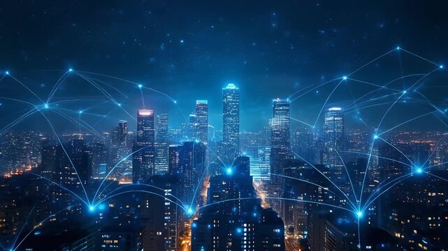 Futuristic smart city at night illuminated with glowing digital communication network connections and data streams