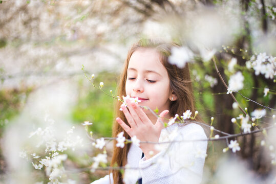 Portrait of a smiling girl standing in an orchard smelling white flower blossoms on a tree, Bulgaria