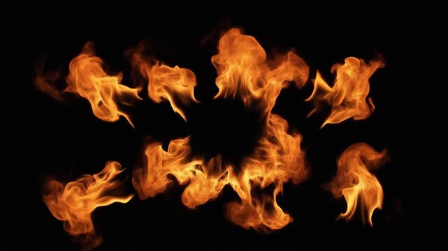 Blazing fire flames arranged in a circular pattern isolated on a solid black background, perfect for design elements