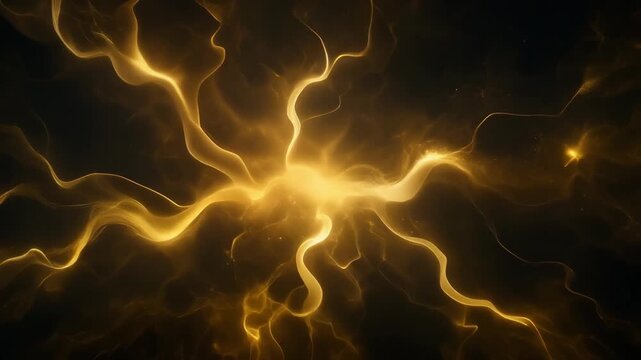Glowing golden plasma or electricity abstract wave pattern on black background