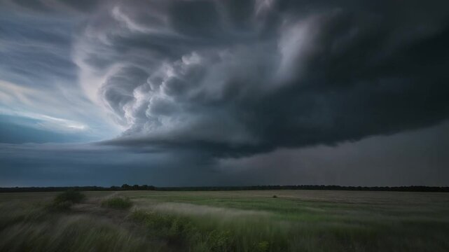 Dramatic Supercell Thunderstorm Over a Vast Green Field and Prairie Landscape