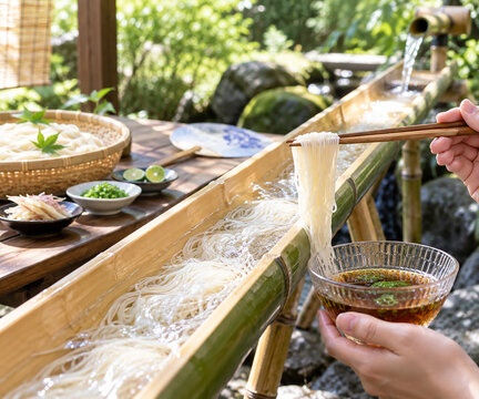 夏の屋外で楽しむ流しそうめんと箸ですくうそうめん