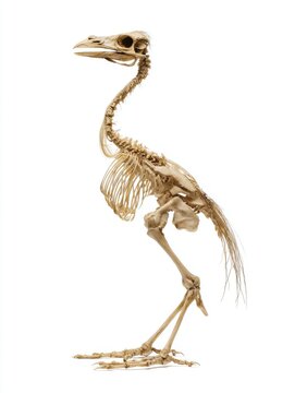 Detailed Bird Skeleton Specimen Standing On White Background For Scientific Education Research