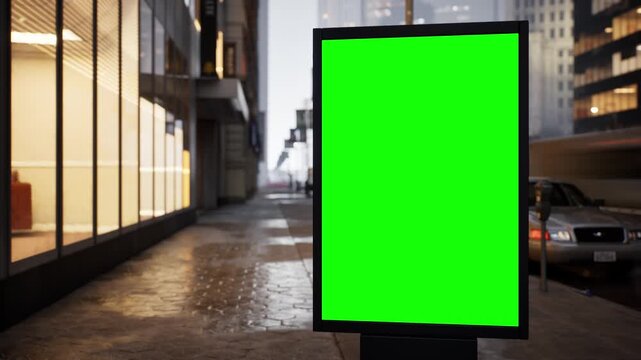 Empty chroma key advertising panel standing on a city crossroad during golden hour at sunset, light fog. Cars rush by in a timelapse while the green screen stays sharp and ready for your design. 4K
