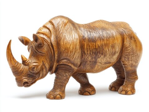 Detailed Brown Rhino Figurine Isolated On A White Background With Natural Textures