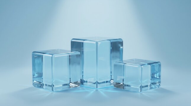 Transparent glass cubes arranged for product display featuring soft blue tones and elegant lighting in a modern minimalist studio setting