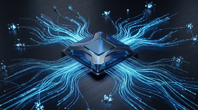 Advanced microchip with glowing digital network connections representing artificial intelligence and modern computing technology