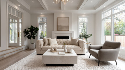 Obraz premium Modern light airy living room with beige sofa, armchair, marble coffee table, large windows, cozy atmosphere